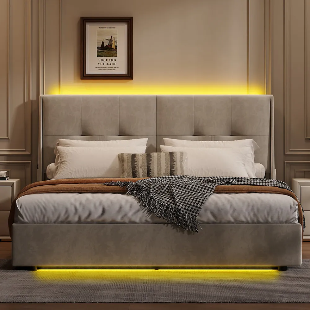 Lit double moderne 160x200 cm, tête de lit rembourrée, LED intégrées, rangement sous sommier, design minimaliste, beige.>Simple Life Outlet