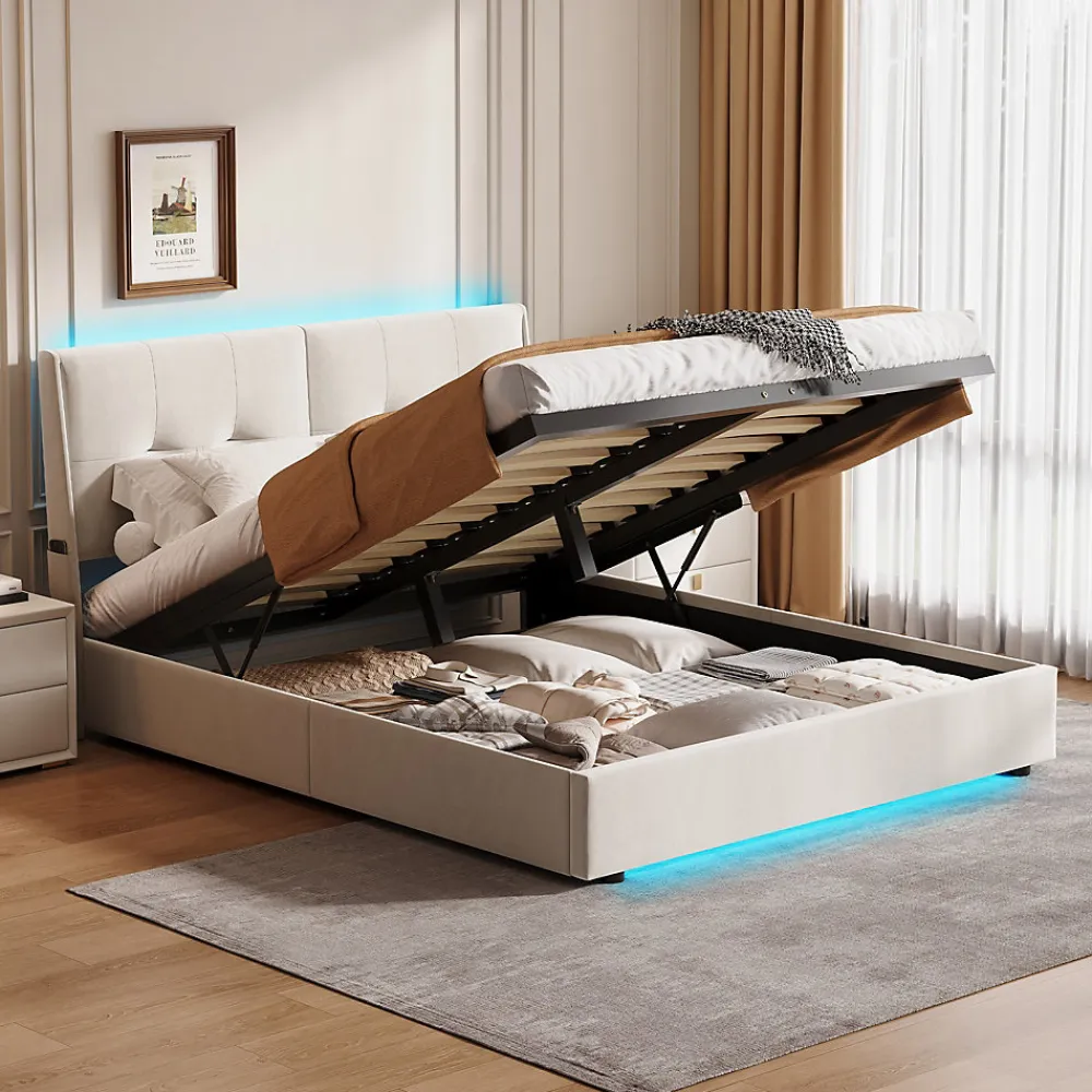 Lit double moderne 160x200 cm, tête de lit rembourrée, LED intégrées, rangement sous sommier, design minimaliste, beige.>Simple Life Outlet