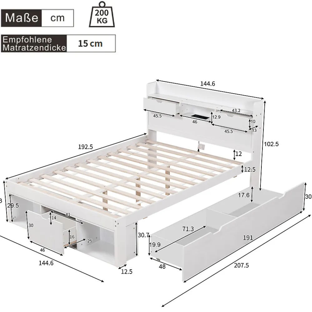 Lit Double Multifonction 140x190 cm, Lit Ado avec USB, Tiroirs et Armoire de Rangement, en Bois Pin, Blanc, Sans Matelas>Okwish Sale