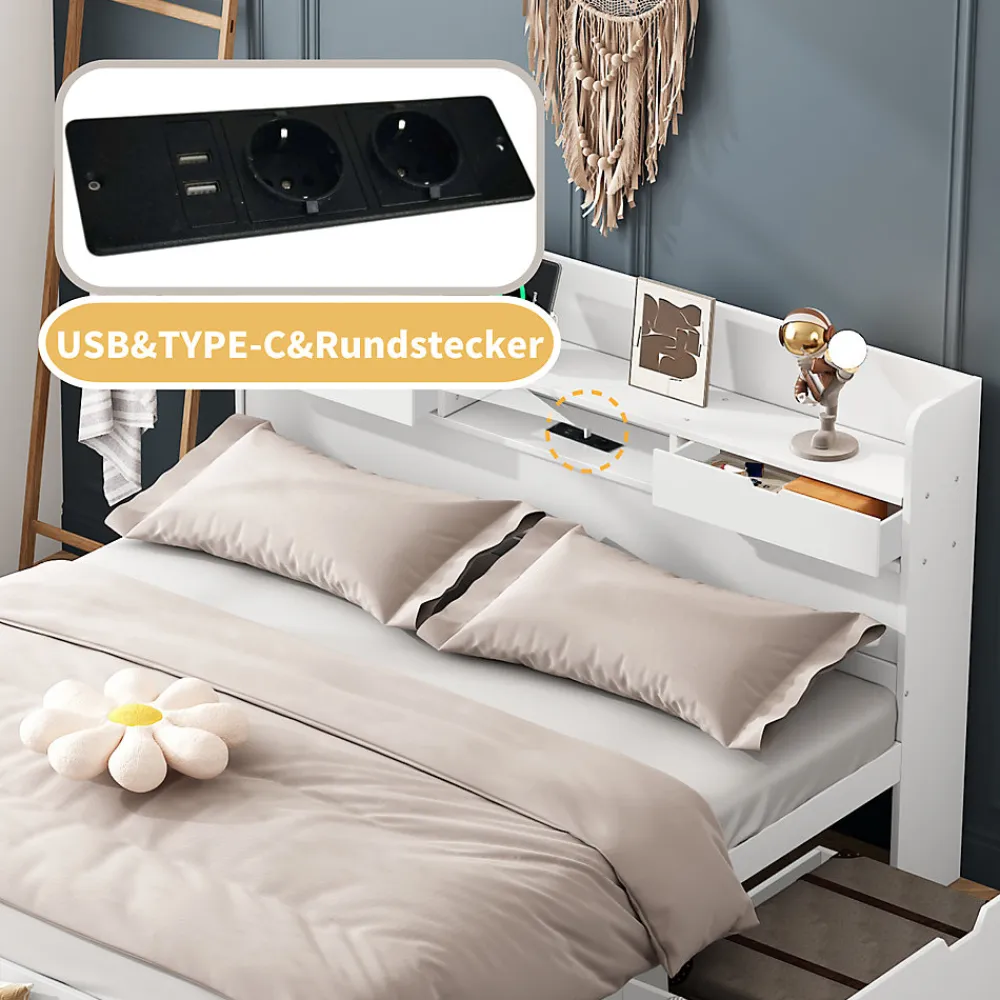 Lit Double Multifonction 140x190 cm, Lit Ado avec USB, Tiroirs et Armoire de Rangement, en Bois Pin, Blanc, Sans Matelas>Okwish Sale