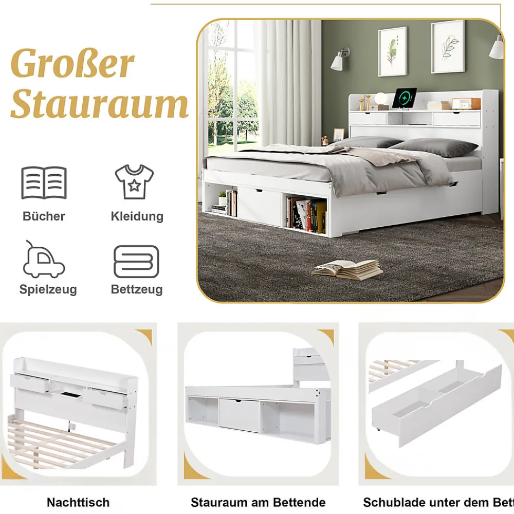 Lit Double Multifonction 140x190 cm, Lit Ado avec USB, Tiroirs et Armoire de Rangement, en Bois Pin, Blanc, Sans Matelas>Okwish Sale