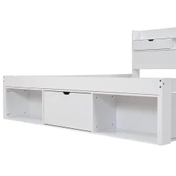 Lit Double Multifonction 140x190 cm, Lit Ado avec USB, Tiroirs et Armoire de Rangement, en Bois Pin, Blanc, Sans Matelas><noscript><img width=