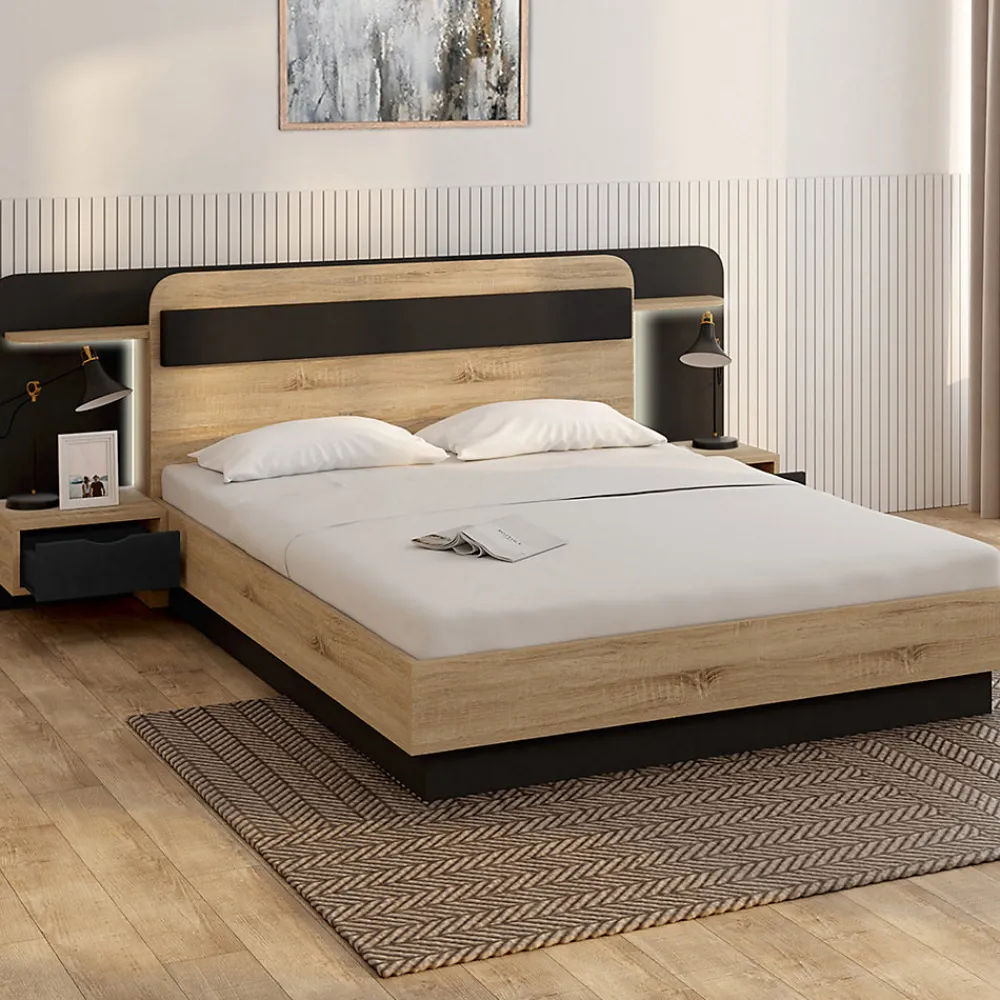 Lit double NATHAN 140 x 190 cm avec tête de lit, chevets suspendus, étagère, LED et sommier bois et noir>IDMarket Outlet