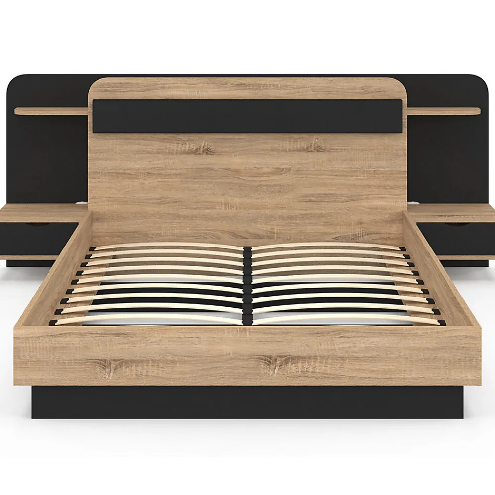 Lit double NATHAN 140 x 190 cm avec tête de lit, chevets suspendus, étagère, LED et sommier bois et noir>IDMarket Outlet