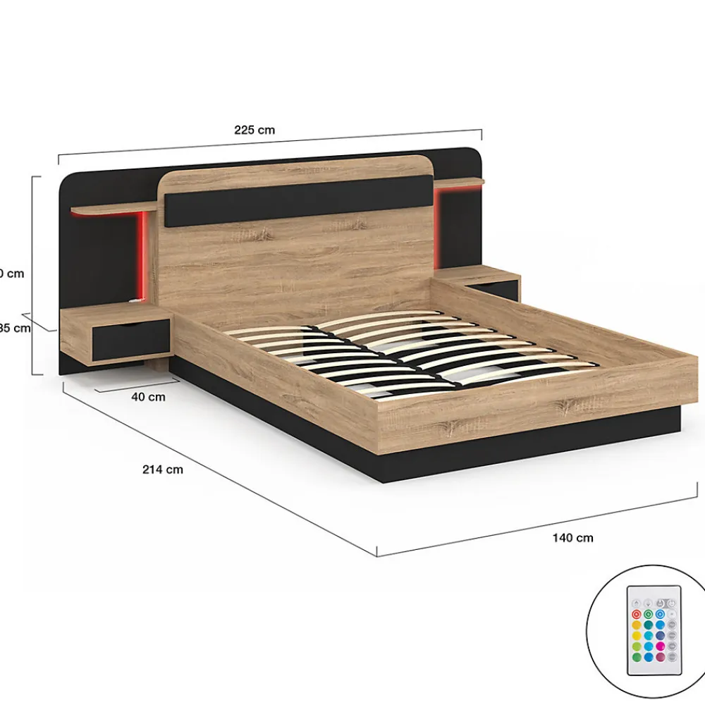 Lit double NATHAN 140 x 190 cm avec tête de lit, chevets suspendus, étagère, LED et sommier bois et noir>IDMarket Outlet