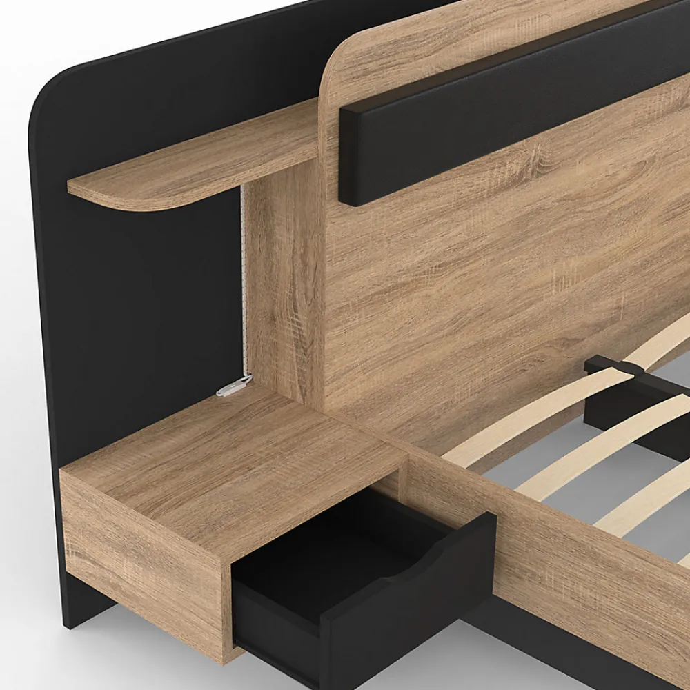 Lit double NATHAN 140 x 190 cm avec tête de lit, chevets suspendus, étagère, LED et sommier bois et noir>IDMarket Outlet