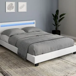 Lit double NEO avec tête de lit LED intégrées et sommier 140 x 190 cm PVC blanc>IDMarket Best
