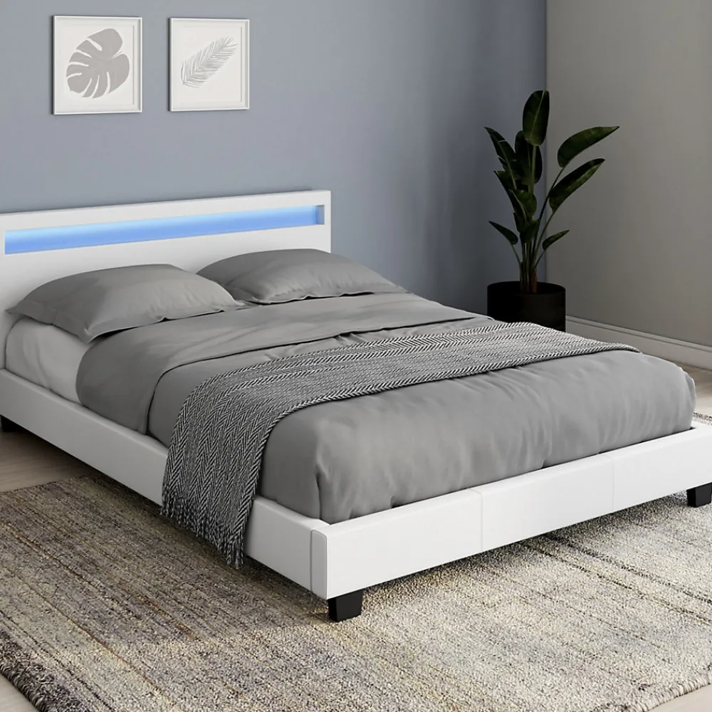 Lit double NEO avec tête de lit LED intégrées et sommier 140 x 190 cm PVC blanc>IDMarket Best