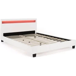 Lit double NEO avec tête de lit LED intégrées et sommier 140 x 190 cm PVC blanc><noscript><img width=
