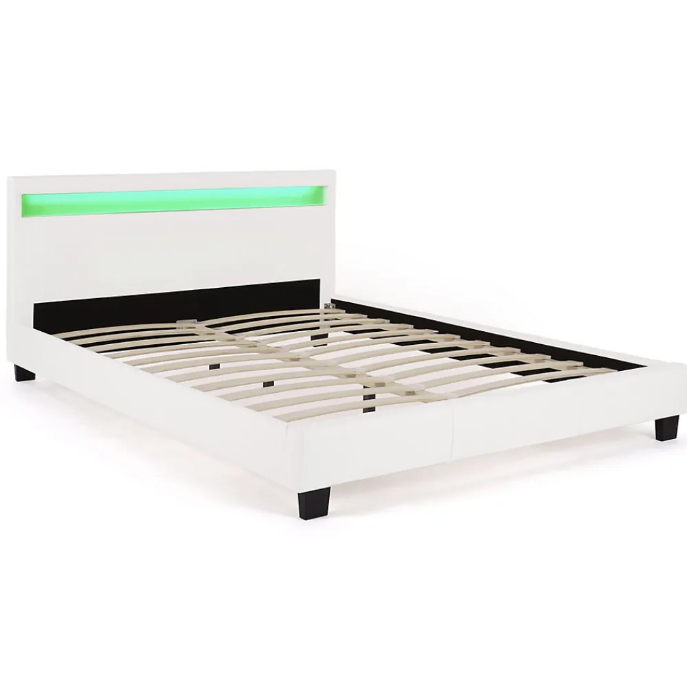 Lit double NEO avec tête de lit LED intégrées et sommier 140 x 190 cm PVC blanc>IDMarket Best