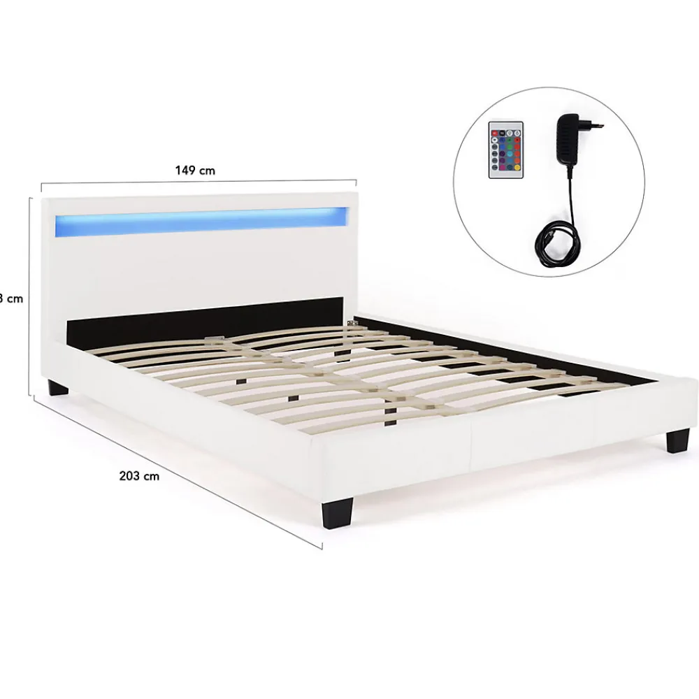 Lit double NEO avec tête de lit LED intégrées et sommier 140 x 190 cm PVC blanc>IDMarket Best