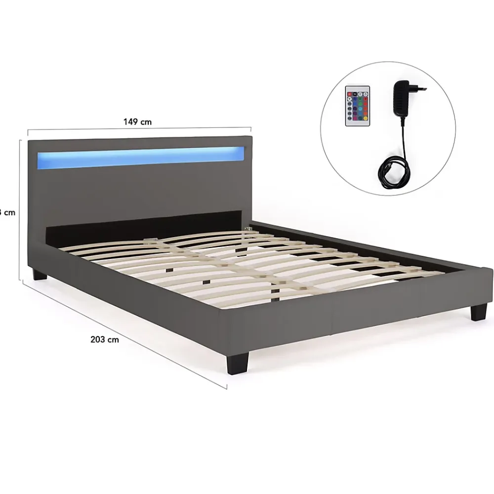 IDMarket Lit double NEO avec tête de lit LED intégrées et sommier 140 x 190 cm PVC gris* Lit Avec Rangement