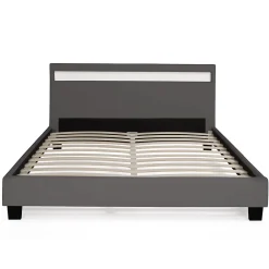 IDMarket Lit double NEO avec tête de lit LED intégrées et sommier 140 x 190 cm PVC gris* Lit Avec Rangement