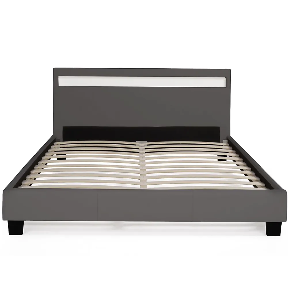 IDMarket Lit double NEO avec tête de lit LED intégrées et sommier 140 x 190 cm PVC gris* Lit Avec Rangement