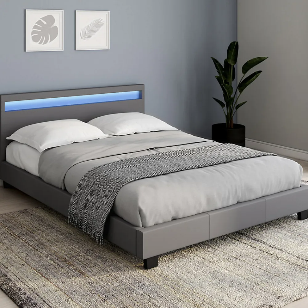 IDMarket Lit double NEO avec tête de lit LED intégrées et sommier 140 x 190 cm PVC gris* Lit Avec Rangement