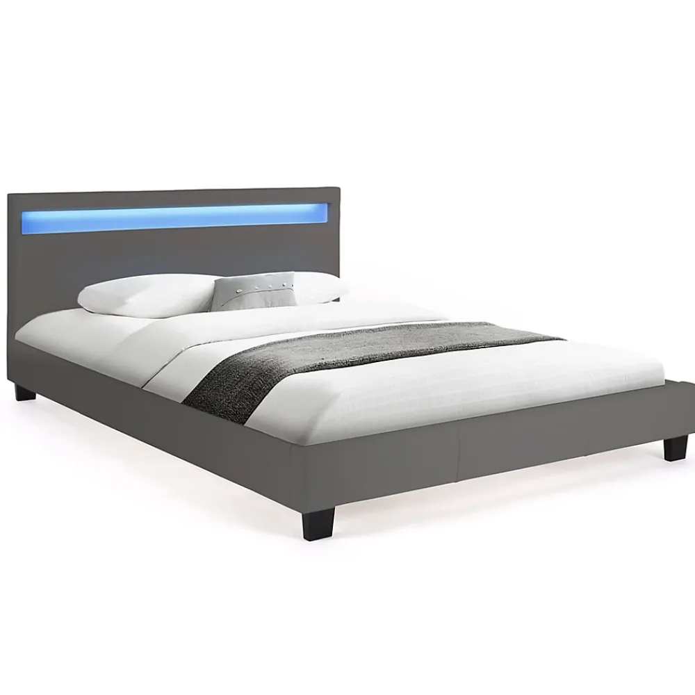 IDMarket Lit double NEO avec tête de lit LED intégrées et sommier 140 x 190 cm PVC gris* Lit Avec Rangement
