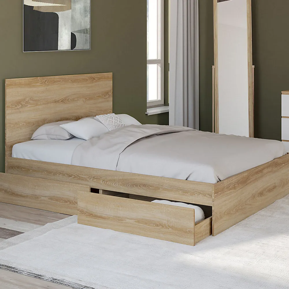 Lit double OMAHA 4 tiroirs sur roulettes avec tête de lit et sommier 140 x 190 cm façon hêtre>IDMarket Clearance