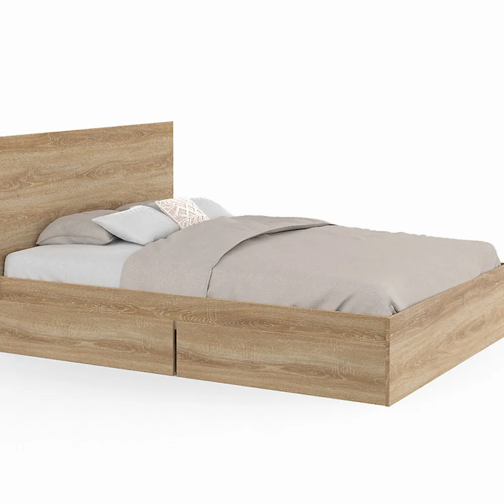 Lit double OMAHA 4 tiroirs sur roulettes avec tête de lit et sommier 140 x 190 cm façon hêtre>IDMarket Clearance
