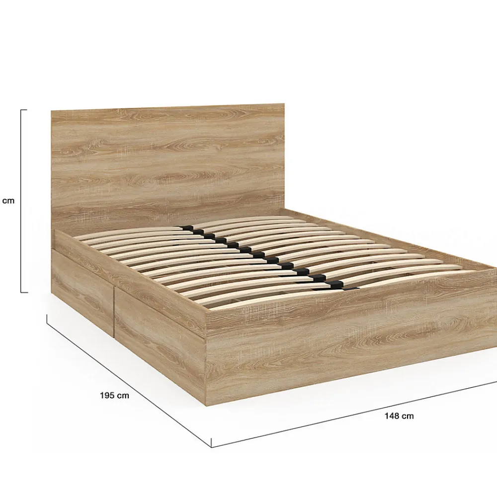 Lit double OMAHA 4 tiroirs sur roulettes avec tête de lit et sommier 140 x 190 cm façon hêtre>IDMarket Clearance