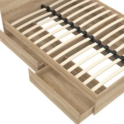 Lit double OMAHA 4 tiroirs sur roulettes avec tête de lit et sommier 140 x 190 cm façon hêtre><noscript><img width=