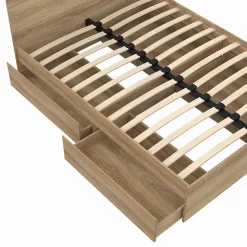 Lit double OMAHA 4 tiroirs sur roulettes avec tête de lit et sommier 140 x 190 cm façon hêtre><noscript><img width=