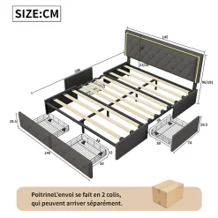 Lit double pour adultes, 140 x 200 cm, 4 tiroirs, rembourré, avec éclairage LED, sommier à lattes,Polyuréthanegris.><noscript><img width=
