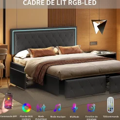 Lit double pour adultes, 140 x 200 cm, 4 tiroirs, rembourré, avec éclairage LED, sommier à lattes,Polyuréthanegris.><noscript><img width=
