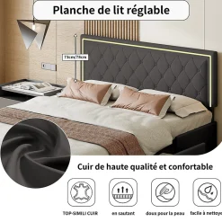 Lit double pour adultes, 140 x 200 cm, 4 tiroirs, rembourré, avec éclairage LED, sommier à lattes,Polyuréthanegris.><noscript><img width=