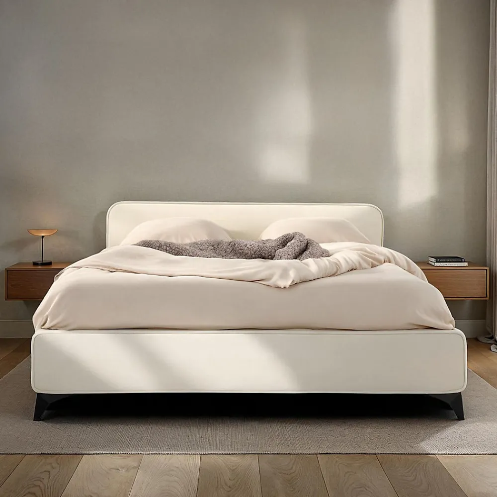 Lit double RAVELLO 140 x 190 cm, revêtement en tissu - Blanc crème>Idimex Outlet