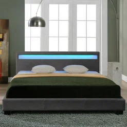 Lit Double Rembourré à LED Sommier à Lattes Polyester 140 x 200 cm Gris Foncé><noscript><img width=
