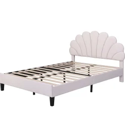 Lit double rembourré 140 sur 200 cm cadre avec tête de lit fleurie en velours doux lit adulte invité beige><noscript><img width=