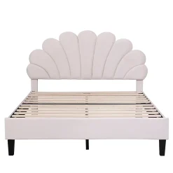 Lit double rembourré 140 sur 200 cm cadre avec tête de lit fleurie en velours doux lit adulte invité beige><noscript><img width=