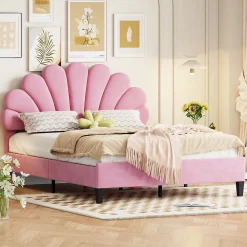 Redom Lit double rembourré 140 sur 200 cm cadre avec tête de lit fleurie en velours doux lit adulte invité rose* Lit Double