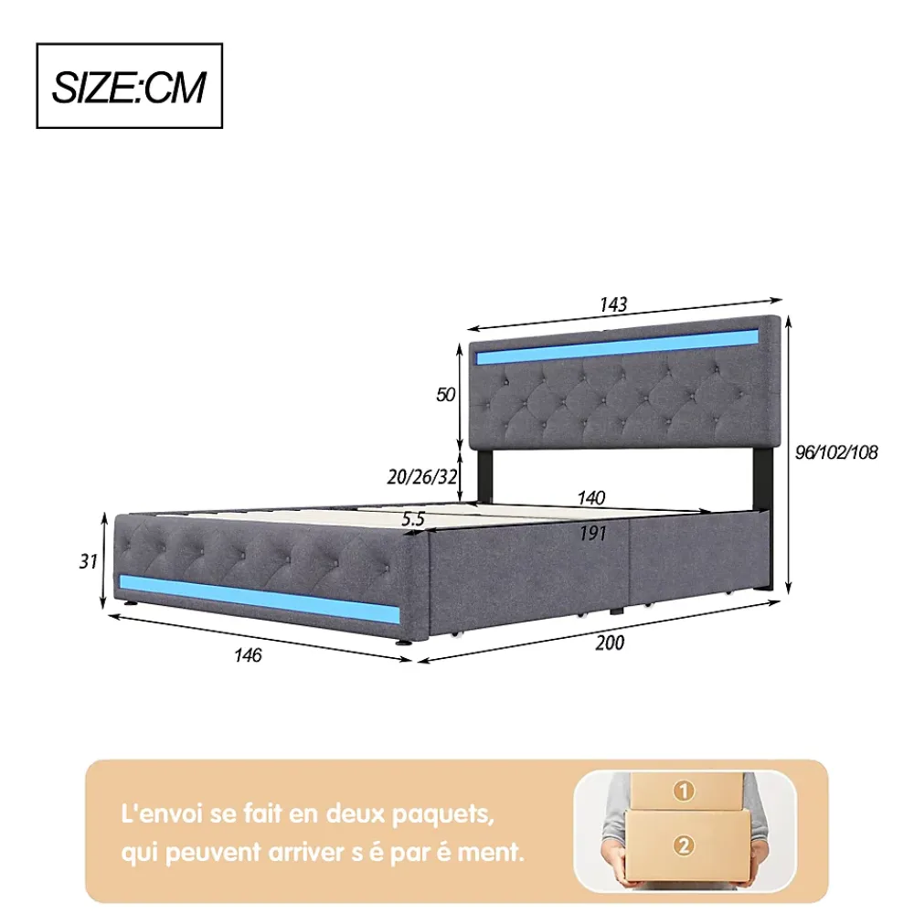 Fortuna lai Lit Double Rembourré 140 X 190 Cm Avec 4 Tiroirs Et Sommier à Lattes En Bois Avec USB Et LED, Gris* Lit Coffre