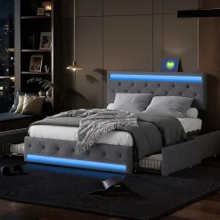 Fortuna lai Lit Double Rembourré 140 X 190 Cm Avec 4 Tiroirs Et Sommier à Lattes En Bois Avec USB Et LED, Gris* Lit Coffre