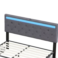 Fortuna lai Lit Double Rembourré 140 X 190 Cm Avec 4 Tiroirs Et Sommier à Lattes En Bois Avec USB Et LED, Gris* Lit Coffre