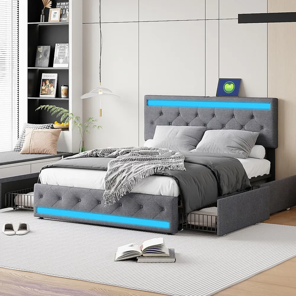 Fortuna lai Lit Double Rembourré 140 X 190 Cm Avec 4 Tiroirs Et Sommier à Lattes En Bois Avec USB Et LED, Gris* Lit Coffre