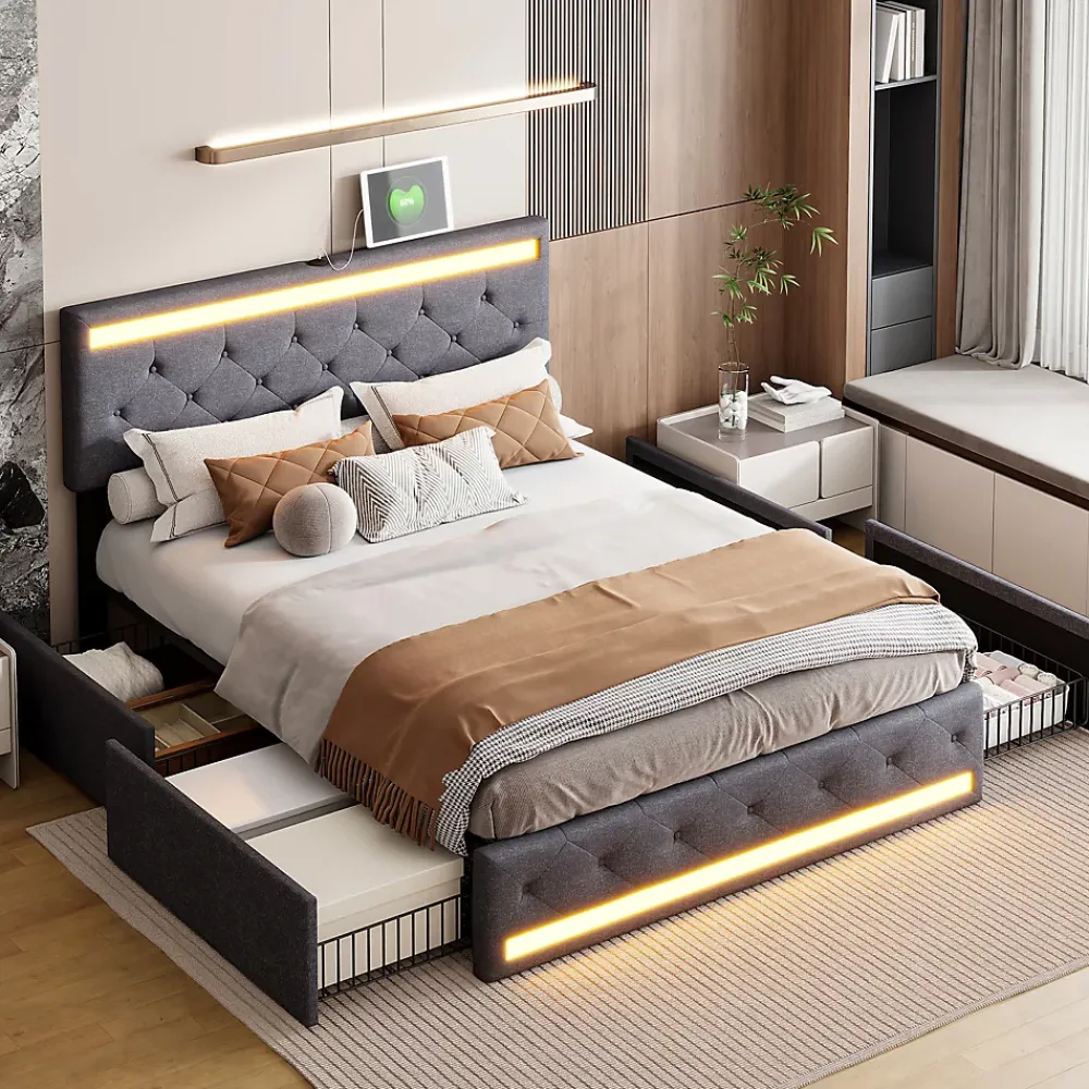 Fortuna lai Lit Double Rembourré 140 X 190 Cm Avec 4 Tiroirs Et Sommier à Lattes En Bois Avec USB Et LED, Gris* Lit Coffre