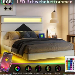 Lit double rembourré, 140 x 190 cm, avec éclairage LED, tête de lit avec station de charge USB,sans matelas><noscript><img width=