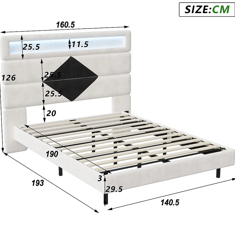 Lit double rembourré, 140 x 190 cm, avec éclairage LED, tête de lit avec station de charge USB,sans matelas>Fortuna lai Discount