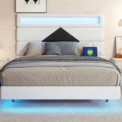Lit double rembourré, 140 x 190 cm, avec éclairage LED, tête de lit avec station de charge USB,sans matelas><noscript><img width=