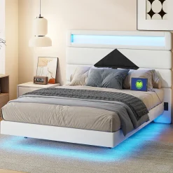 Lit double rembourré, 140 x 190 cm, avec éclairage LED, tête de lit avec station de charge USB,sans matelas><noscript><img width=