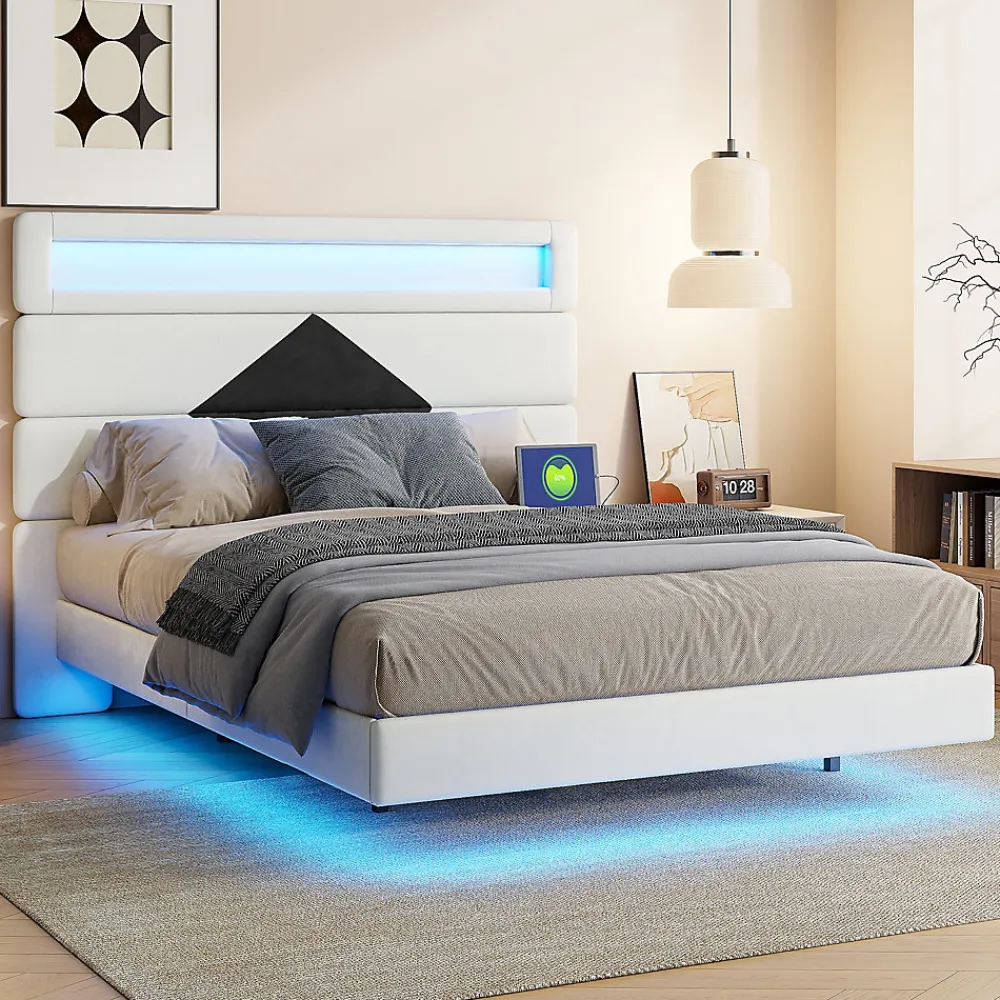 Lit double rembourré, 140 x 190 cm, avec éclairage LED, tête de lit avec station de charge USB,sans matelas>Fortuna lai Discount