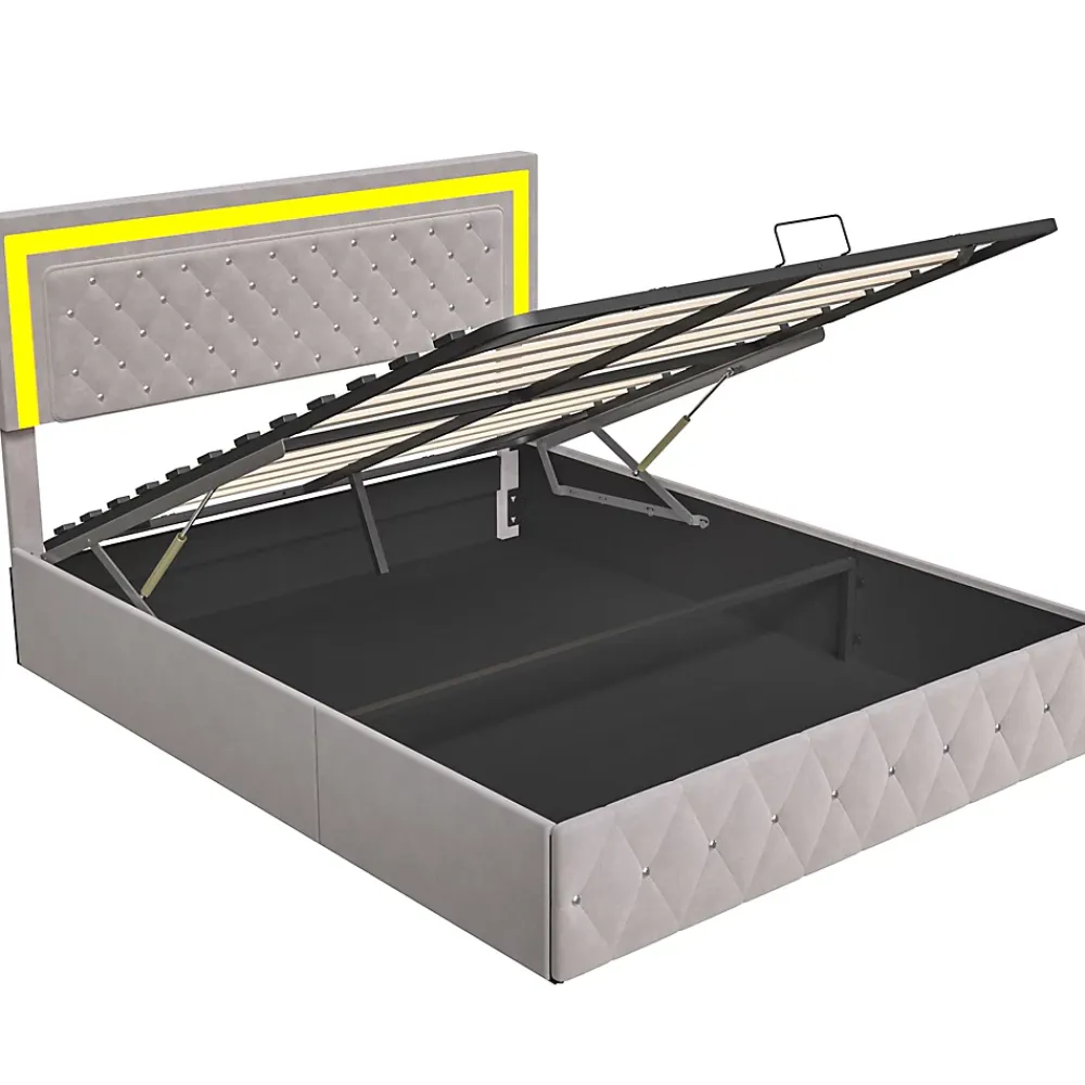 Fortuna lai Lit double rembourré, 160 x 200 cm, LED, hydraulique, avec espace de rangement et sommier à lattes, velours beige* Lit Coffre