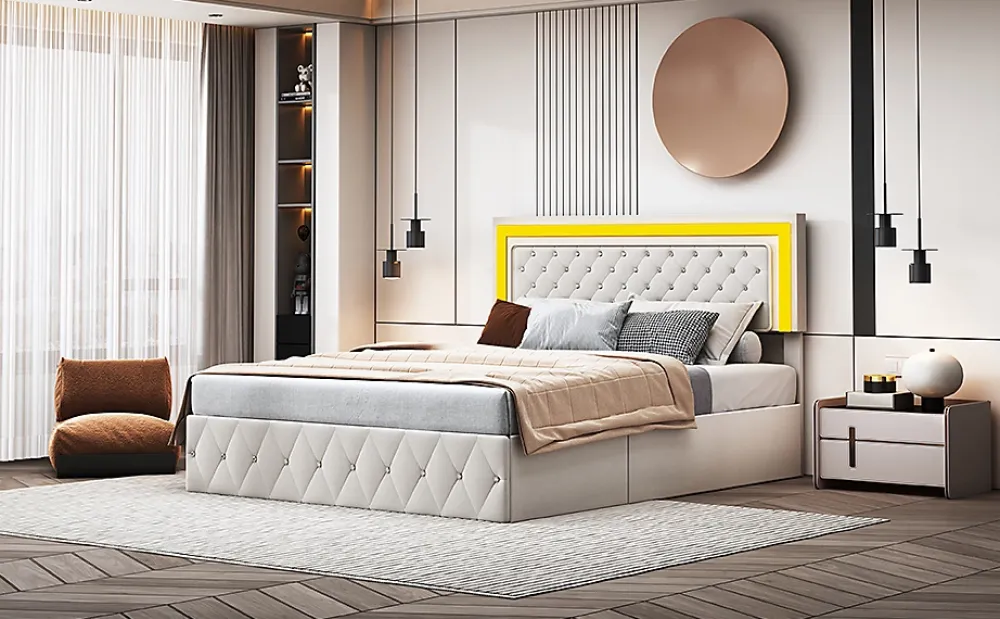Fortuna lai Lit double rembourré, 160 x 200 cm, LED, hydraulique, avec espace de rangement et sommier à lattes, velours beige* Lit Coffre