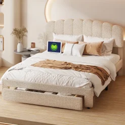 Fortuna lai Lit Double Rembourré 160 X 200 Cm, Ports De Charge USB Et Type C, Rangement, Polaire Teddy, Beige* Lit Coffre