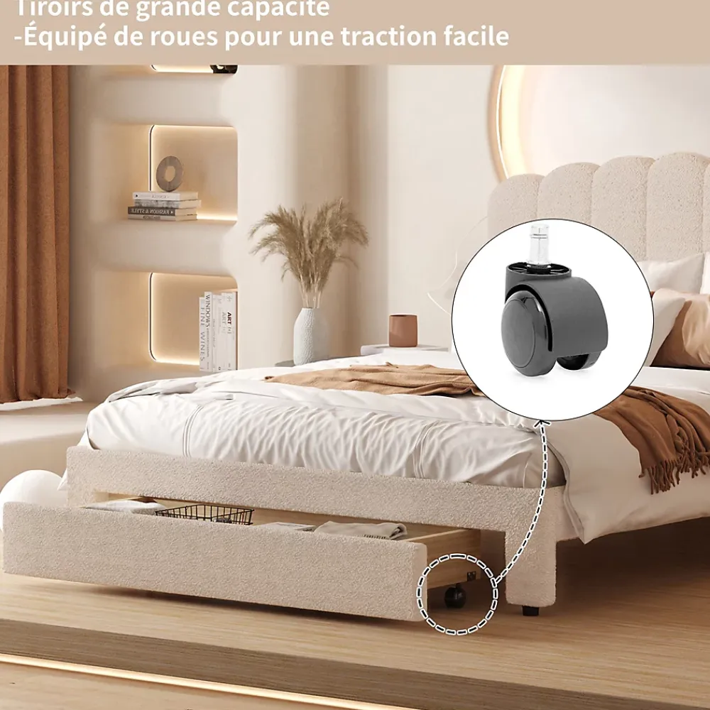 Fortuna lai Lit Double Rembourré 160 X 200 Cm, Ports De Charge USB Et Type C, Rangement, Polaire Teddy, Beige* Lit Coffre