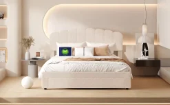 Fortuna lai Lit Double Rembourré 160 X 200 Cm, Ports De Charge USB Et Type C, Rangement, Polaire Teddy, Beige* Lit Coffre