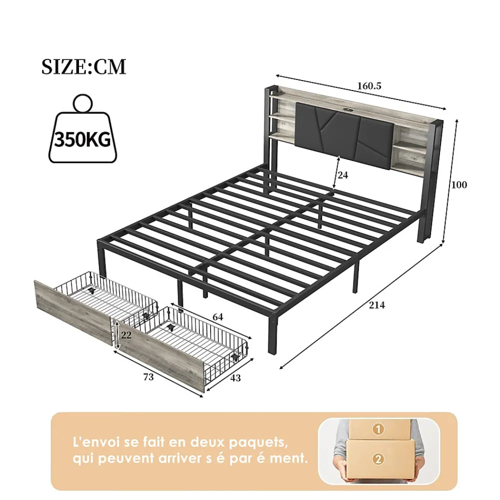 Lit Double Rembourré 160 X 200 Cm Avec Éclairage LED, Port USB Et Rangements, Cadre De Lit En Métal>Fortuna lai