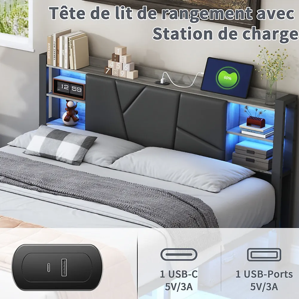 Lit Double Rembourré 160 X 200 Cm Avec Éclairage LED, Port USB Et Rangements, Cadre De Lit En Métal>Fortuna lai
